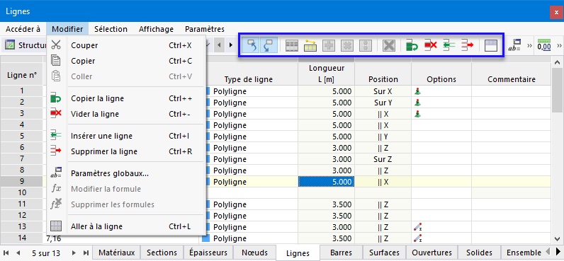 Menu et boutons dans les tableaux