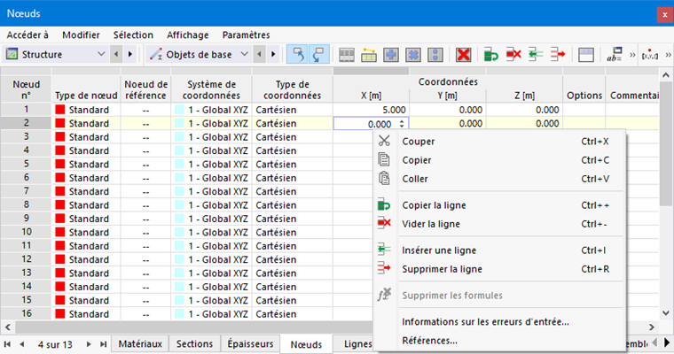 Fonctions du menu contextuel du tableau