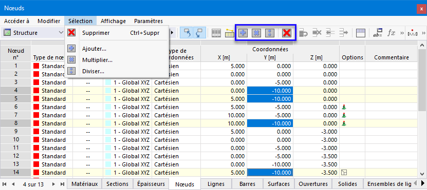 Cellules sélectionnées et fonctions d’édition via le menu et les boutons