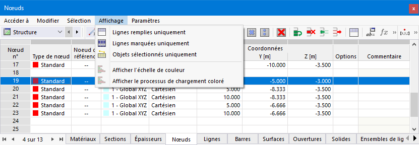 Menu du tableau « Affichage »