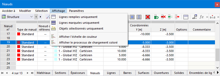 Menu du tableau « Affichage »