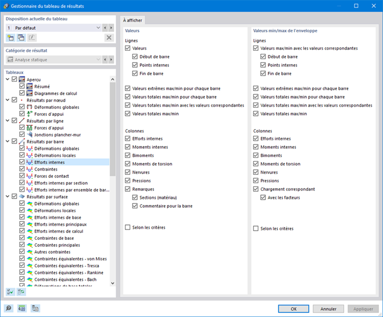 Boîte de dialogue « Gestionnaire du tableau de résultats »