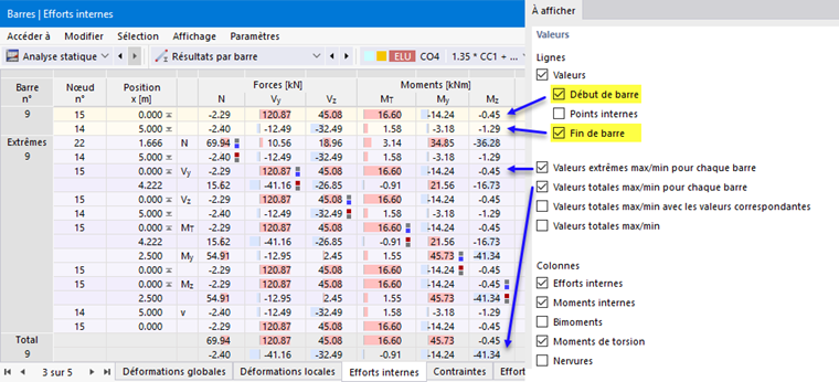 Valeurs nodales et extrêmes des efforts internes et des moments de barre