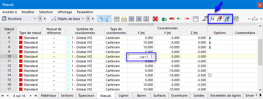 Bouton « Modifier la formule » et formule dans la cellule du tableau