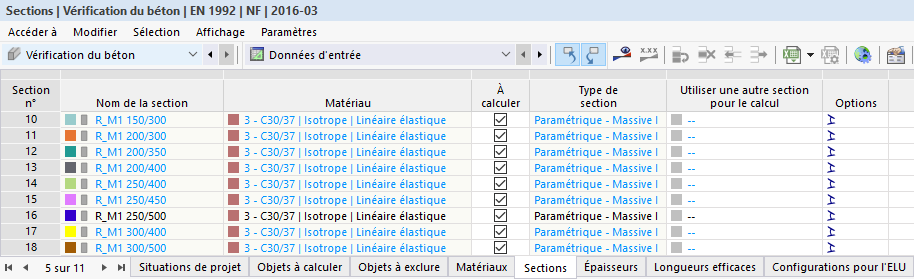 Tableau « Sections » pour le vérification du béton