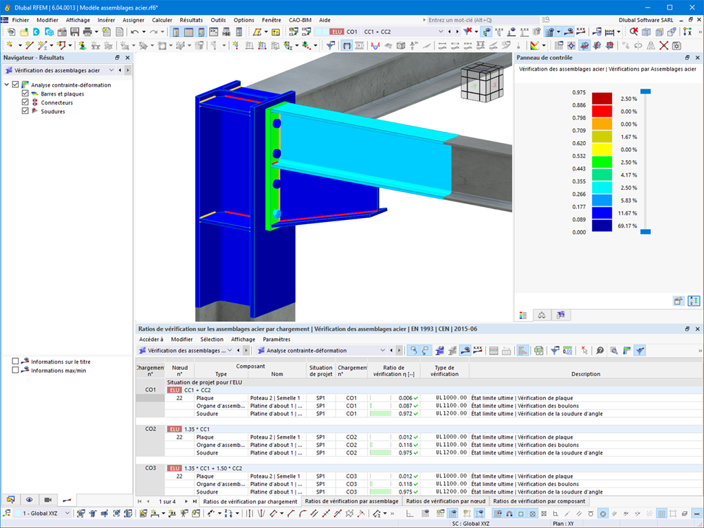 Assemblages acier, tableau avec résultats de RFEM 6