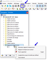 Bouton « Nouveau rapport d’impression » et menu contextuel