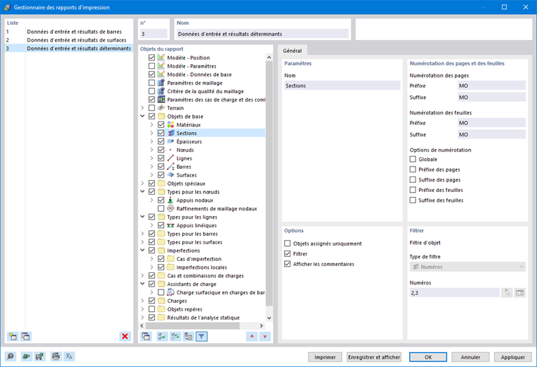 Boîte de dialogue « Gestionnaire des rapports d’impression »