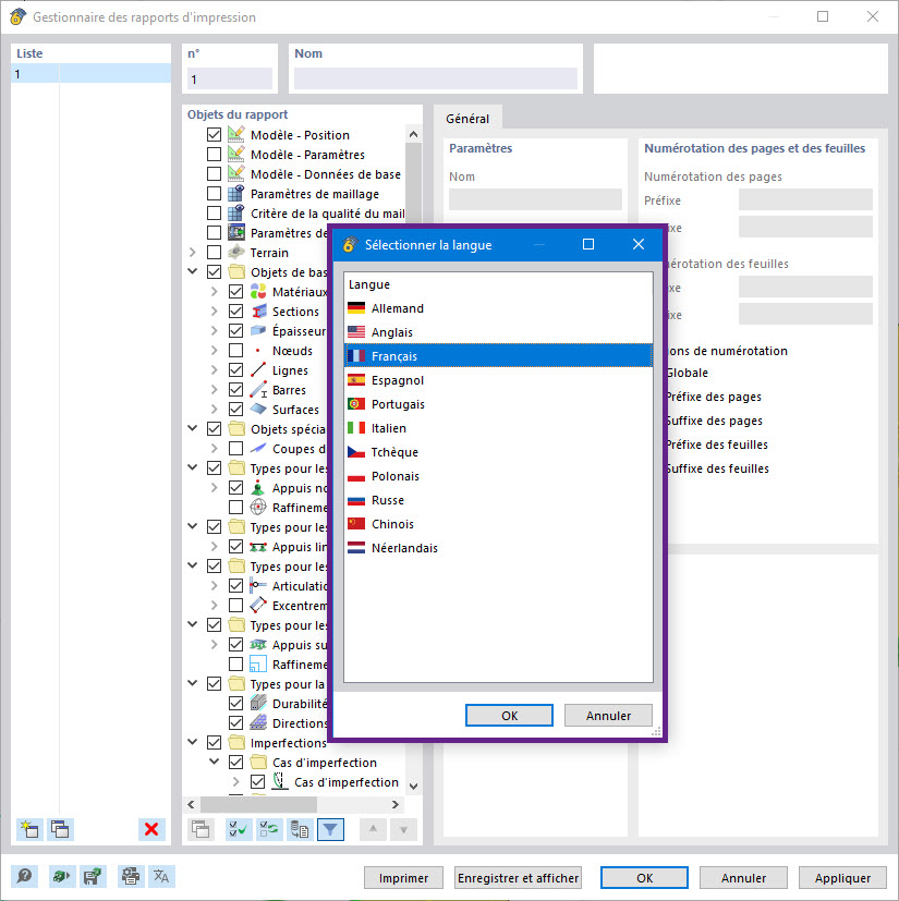 Sélection de la langue du rapport d’impression