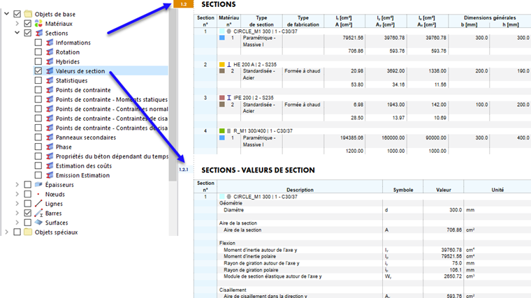 Éléments de rapport sélectionnés (à gauche) et contenu de chapitre (à droite)