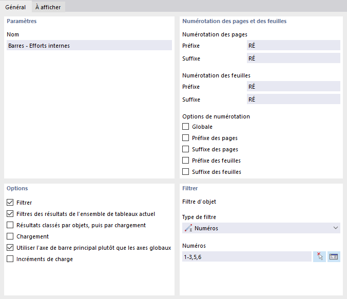 Onglet « Général » pour les efforts internes de barre