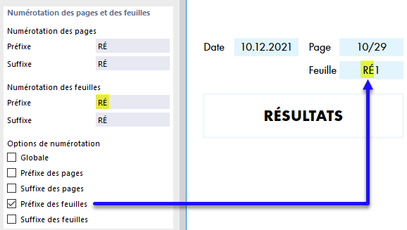 Définition de la numérotation des feuilles avec le préfixe de Résultat