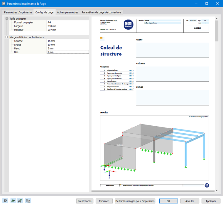 Onglet « Config. de page » dans la boîte de dialogue « Paramètres Imprimante & Page »