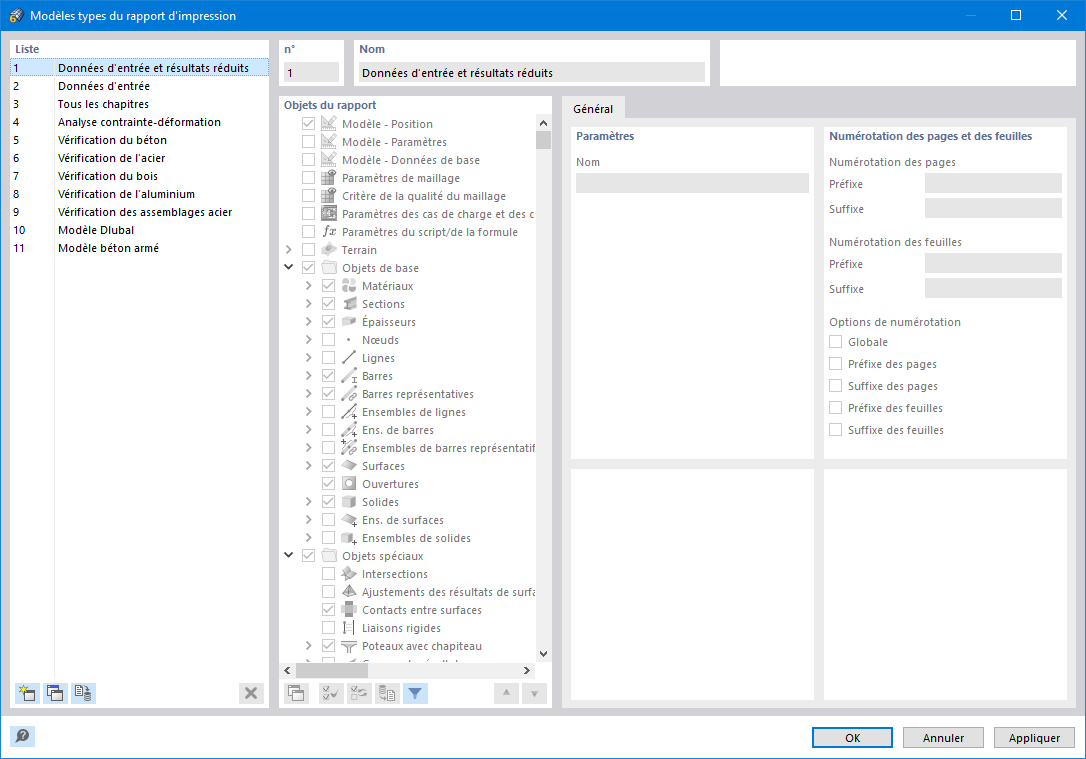 Boîte de dialogue « Modèles types du rapport d’impression »