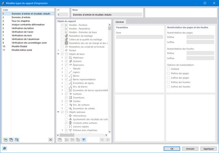 Boîte de dialogue « Modèles types du rapport d’impression »