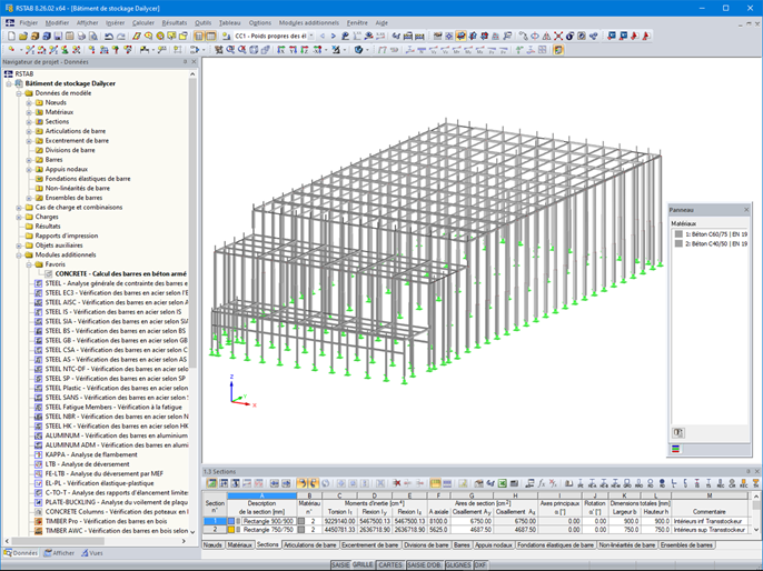 Modèle de structure en béton du bâtiment de stockage dans RSTAB