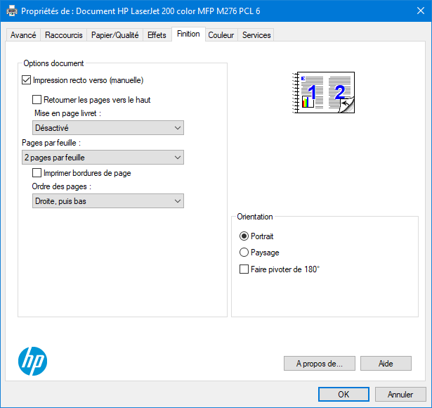 Définition des paramètres dans les propriétés de l’imprimante
