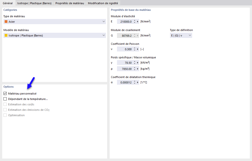 Activer le matériau défini par l’utilisateur