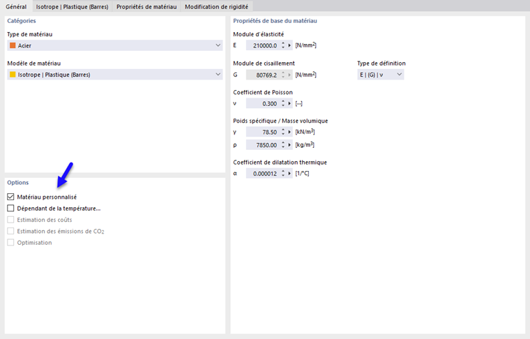 Activer le matériau défini par l’utilisateur
