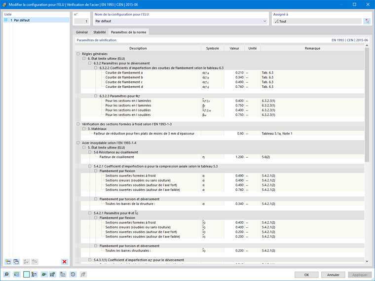 Onglet « Paramètres de norme » pour la vérification de l’acier selon l’EN 1993