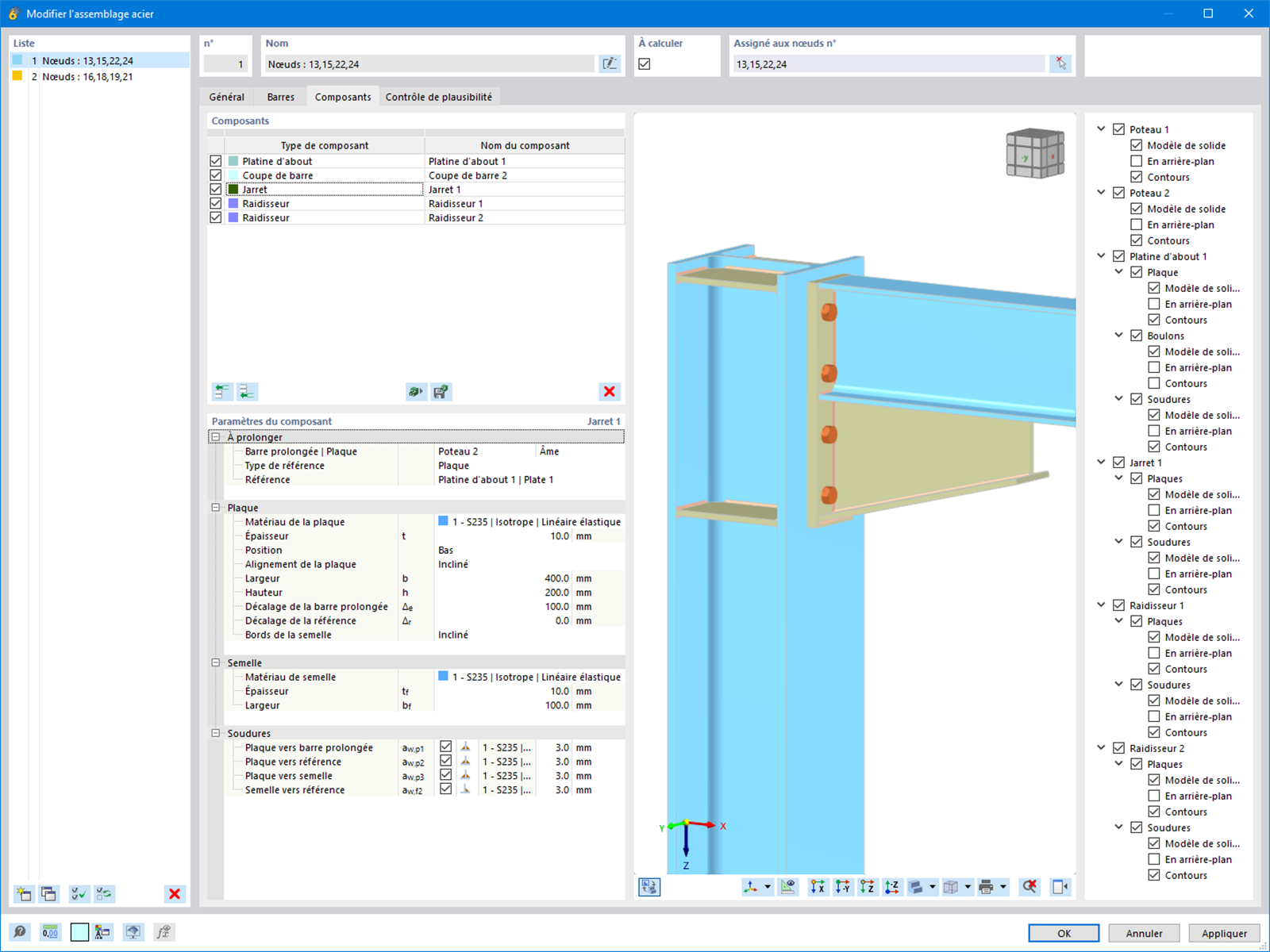 Paramètres de composants pour le module complémentaire Assemblages acier de RFEM 6