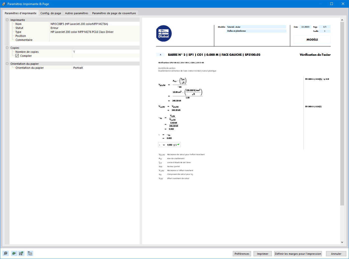 Impression de la vue des formules