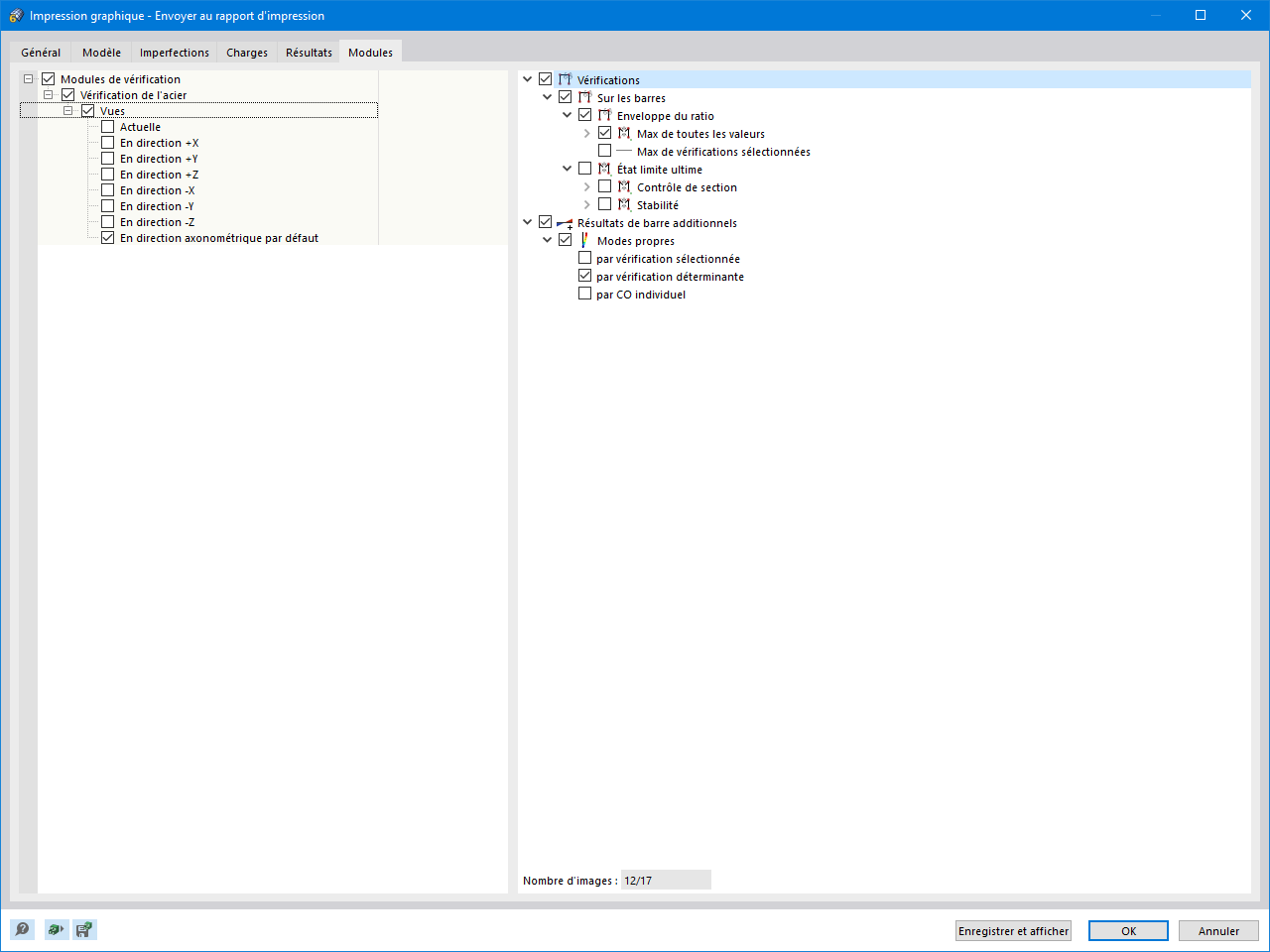 Impression graphique - Impression multiple pour les résultats du module complémentaire - Vérification de l'acier