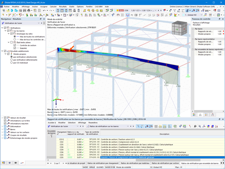 Visualisation graphique du mode propre critique pour la vérification du déversement dans l'analyse de stabilité.