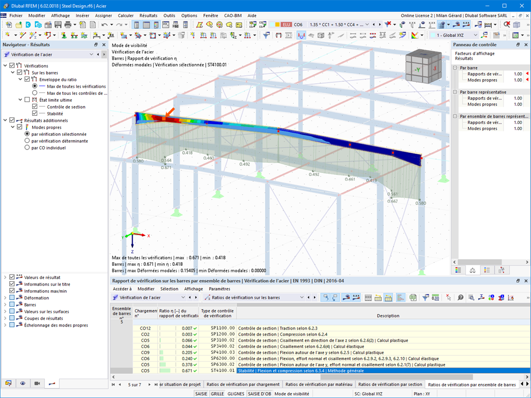 Visualisation graphique du mode propre critique pour la vérification du déversement dans l'analyse de stabilité.