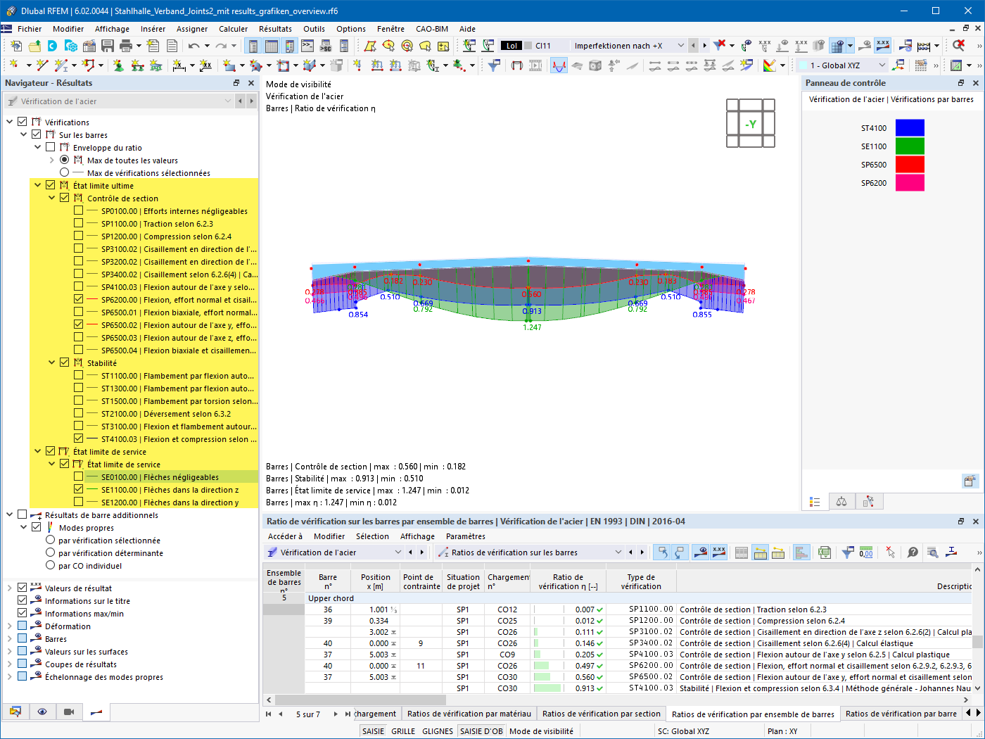 Visualisation de la superposition des résultats de vérification de l’acier selon différents types de vérification