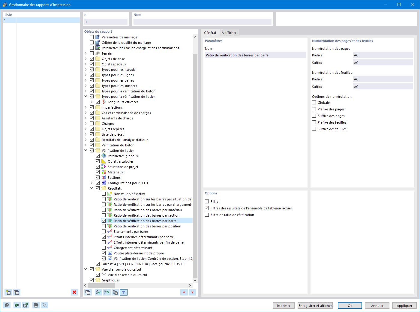 Gestionnaire de rapports d'impression - Vérification de l'acier