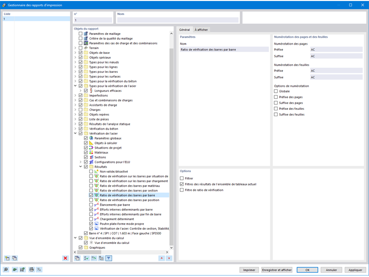 Gestionnaire de rapports d'impression - Vérification de l'acier