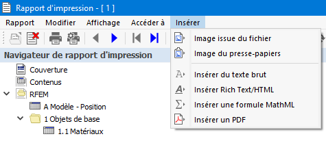 Menu du rapport d’impression « Insérer »
