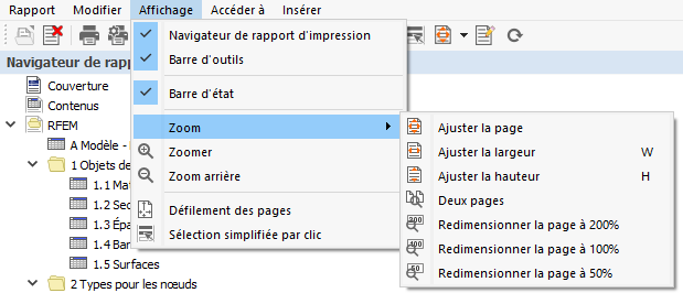 Menu du rapport d'impression « Affichage »