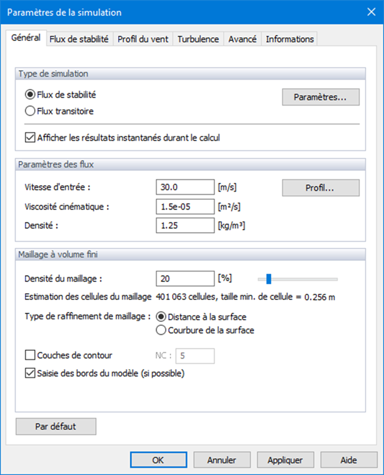 Paramètres de simulation, Général