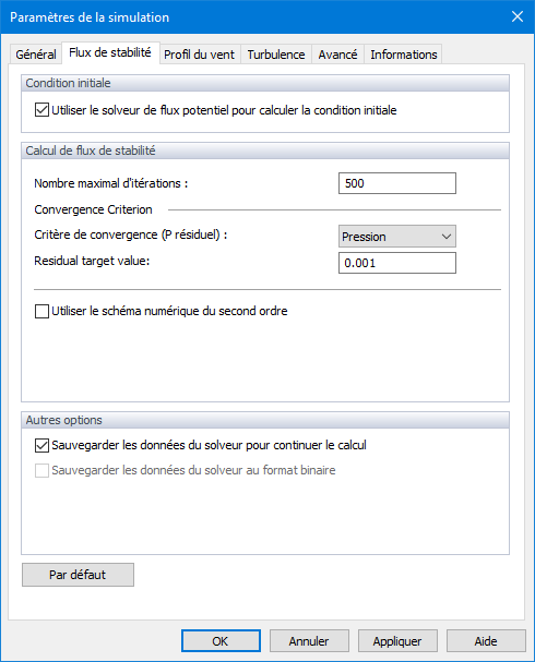 Paramètres de simulation, Flux stationnaire