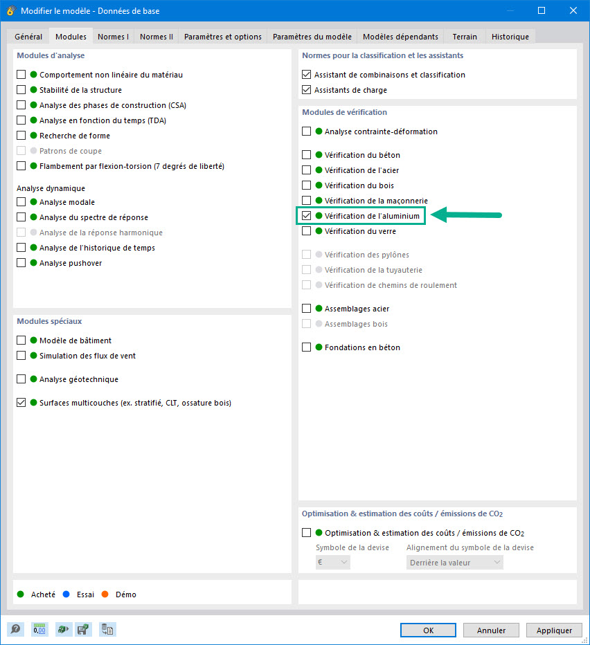 Activation du module complémentaire Vérification de l’aluminium