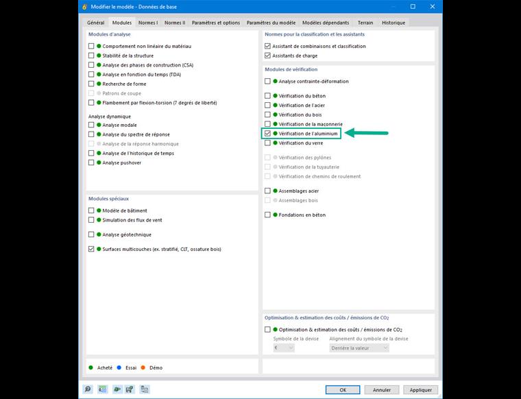 Activation du module complémentaire Vérification de l’aluminium