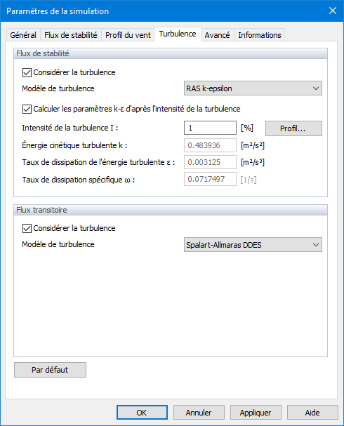 Paramètres de simulation, Turbulence