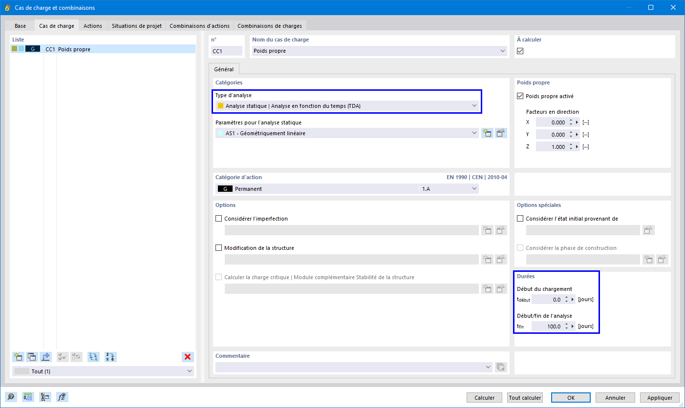 Définition du type d’analyse « Analyse en fonction du temps (TDA) » et des temps de cas de charge
