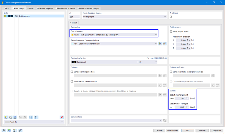 Définition du type d’analyse « Analyse en fonction du temps (TDA) » et des temps de cas de charge