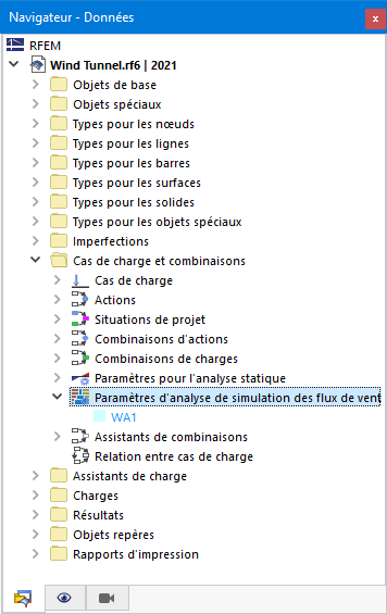 Navigateur Données, Paramètres pour l’analyse de simulation des flux de vent