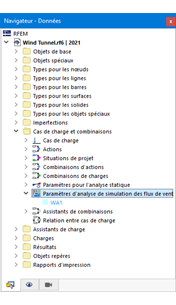Navigateur Données, Paramètres pour l’analyse de simulation des flux de vent