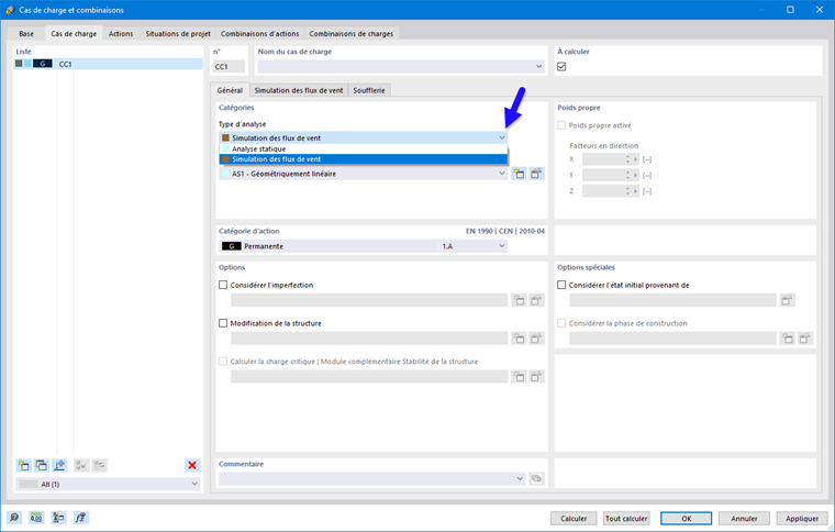 Cas de charge et combinaisons, Type d’analyse