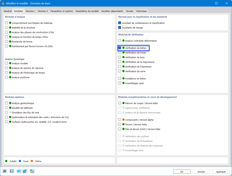 Activation du module complémentaire « Vérification du béton »