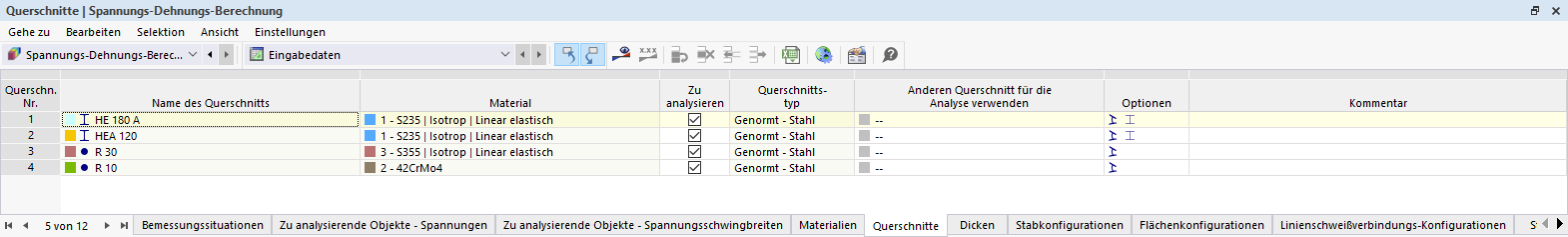 Tableau "Sections" pour analyse contrainte-déformation