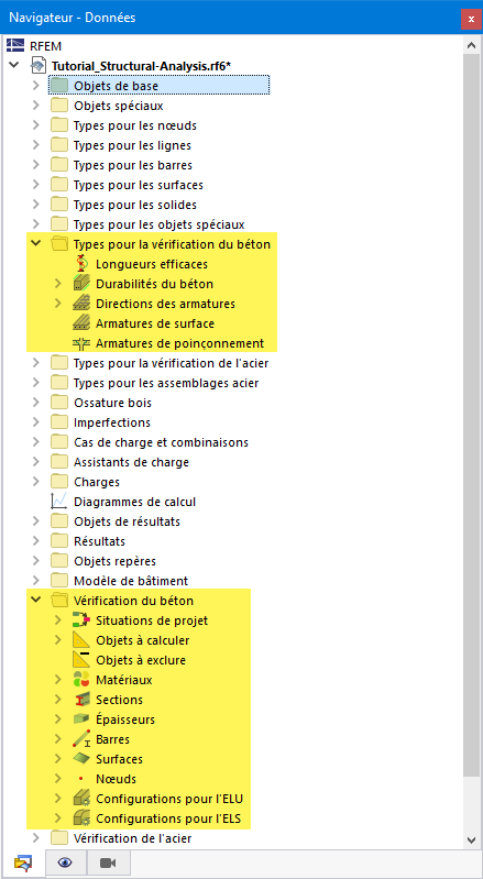 Éléments du Navigateur pertinents pour la vérification du béton