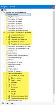 Éléments du Navigateur pertinents pour la vérification du béton