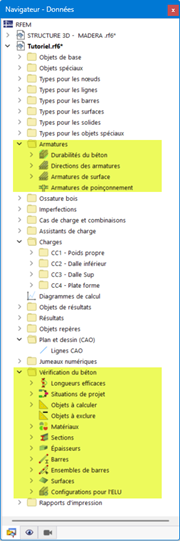 Éléments du Navigateur pertinents pour la vérification du béton