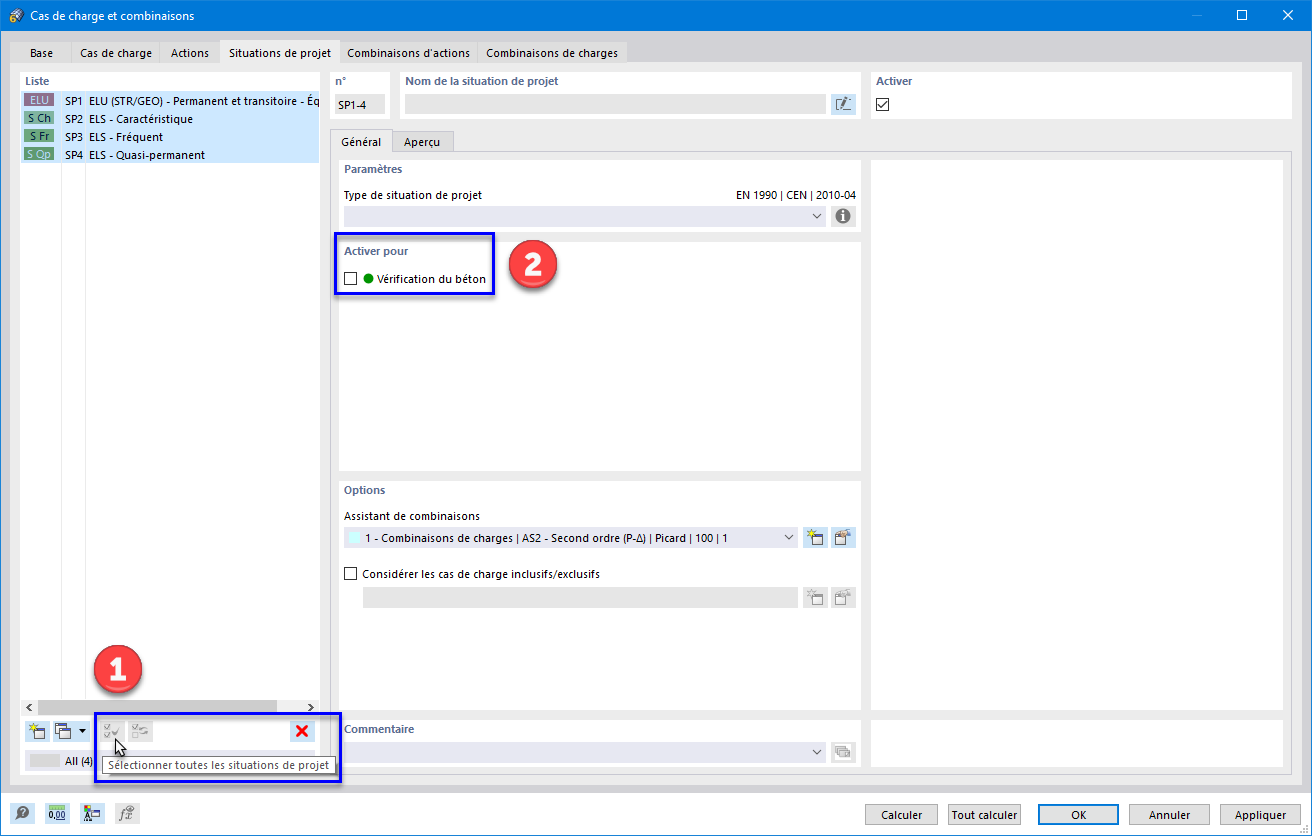 Désactivation de SP1 à SP4 pour la vérification du béton